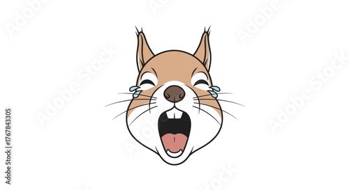 A funny cartoon squirrel head laughing out loud with tears of joy.