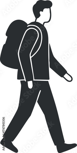 A silhouette of a man walking with a backpack in a casual and active pose.