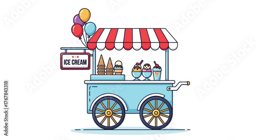 Charming Blue Ice Cream Cart with Striped Awning and Colorful Balloons.