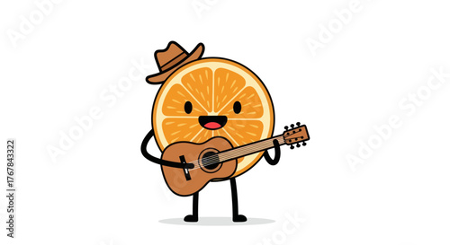 Happy Cartoon Orange Slice Playing Guitar with Cowboy Hat.