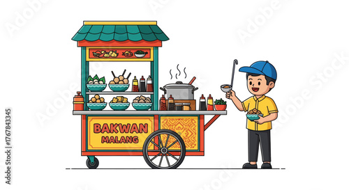 Cartoon Illustration of a Street Food Cart and Vendor.