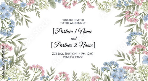Elegant Floral Wedding Invitation Template with Pastel Flowers.