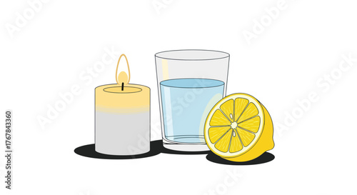 Still Life with Lit Candle Glass of Water and Sliced Lemon.