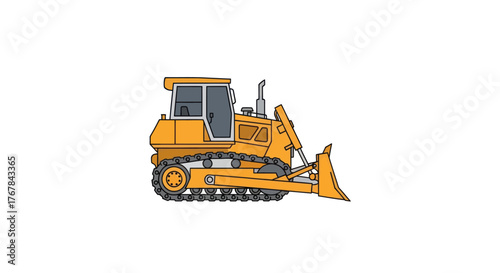 Yellow bulldozer with tracks and front blade construction vehicle illustration.