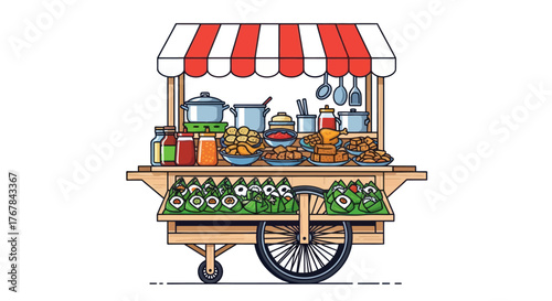Colorful Street Food Cart with Red and White Striped Awning.