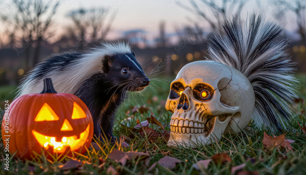 Fototapeta premium Skunk views Halloween decor at twilight with a pumpkin and skull