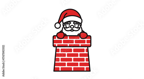 Cheerful Santa Claus peeking over a red brick chimney top.