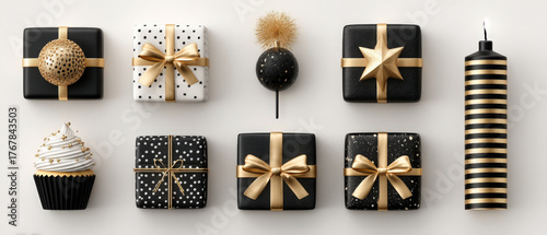 Black and gold New Year celebration objects arranged in a neat 2x4 grid on white background