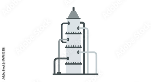 Distillation Column Illustration: Industrial Chemical Processing Tower with Pipes.