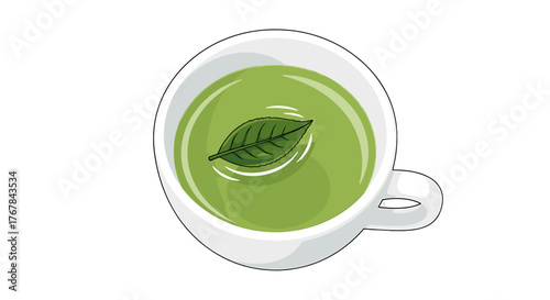 Aerial view of refreshing green tea with a vibrant leaf floating, served in a pristine white cup against a transparent background.