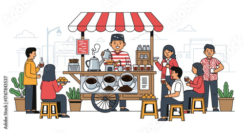 Illustration of a Traditional Indonesian Coffee Cart Serving Customers.