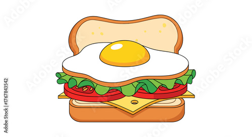 A cartoon sandwich illustration that includes bread, cheese, tomatoes, lettuce, and a fried egg on top.