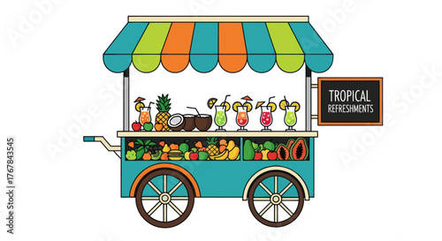 A colorful illustrated street food cart selling tropical refreshments fresh fruit and juice.
