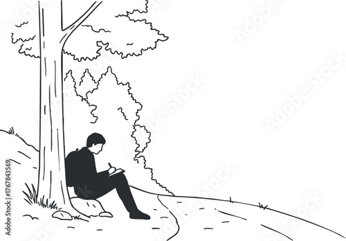 A solitary man sitting under a tree, enjoying nature while sketching or reading by a path.