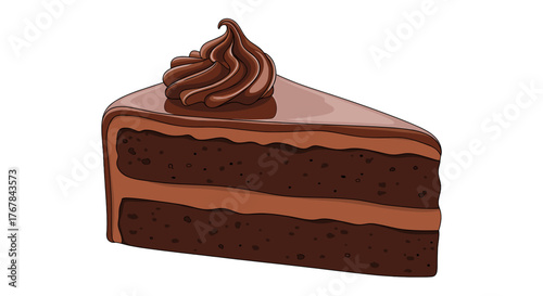 A slice of rich chocolate cake featuring layers of moist sponge and decadent frosting, topped with a swirl of ganache.