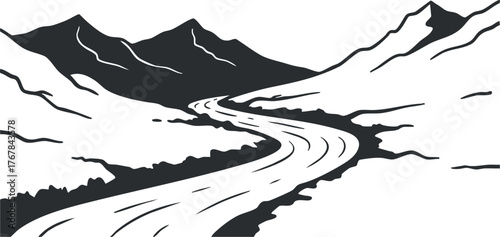 A black and white illustration of a winding river through mountainous terrain showcasing serene landscapes.
