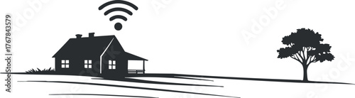 A silhouette of a house with a WiFi signal symbolizing connectivity in a rural landscape.