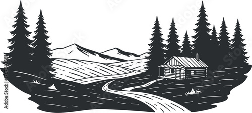 A serene landscape featuring a cabin surrounded by mountains and tall trees along a winding road.