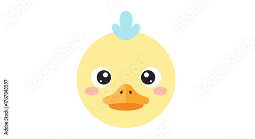 Cute cartoon yellow duckling head with a blue feather tuft and rosy cheeks.