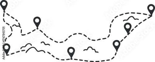 Illustration of a winding travel map with various route markers and waypoints.
