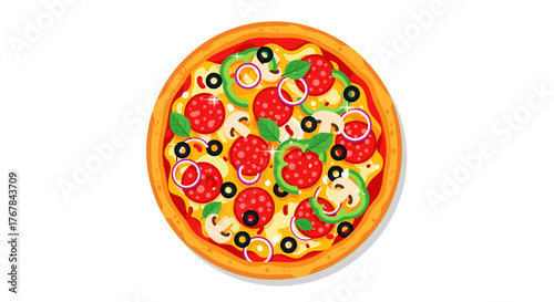 Delicious pizza with pepperoni, mushrooms, olives, green peppers and onions on a transparent background. It looks very tasty.