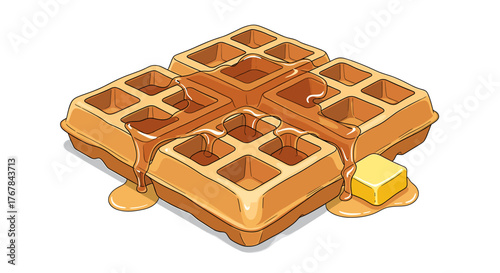 Golden waffles stacked high, drenched in sweet syrup and topped with melting butter, perfect for a delightful breakfast treat.