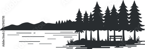 A serene silhouette of trees along a tranquil lake with distant mountains and horizon.