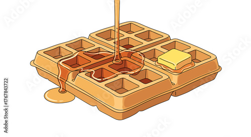 A delightful waffle with syrup being poured over it, topped with a pat of melting butter on a sunny day.