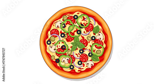 A delicious pizza pie with toppings like pepperoni, mushrooms, and peppers ready to eat and enjoy for a pizza night.