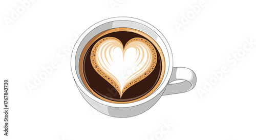 A delightful white cup of coffee is seen from above, decorated with a heart-shaped foam design on top of the rich, dark brew.