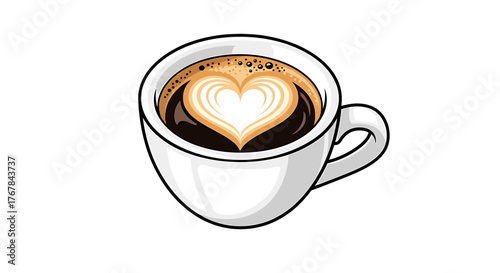 A white mug is filled with aromatic coffee, topped with a heart-shaped latte art foam design. Perfect start to the day.