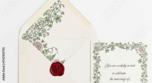 Elegant Wedding Invitation Set with Floral Design and Wax Seal.