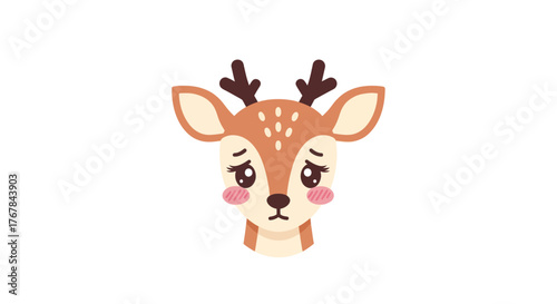 Cute Cartoon Deer Head with Sad Expression and Small Antlers.