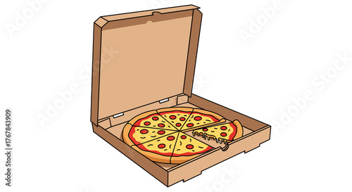 A cardboard pizza box with the lid open, revealing a delicious pepperoni pizza inside, with a slice already removed.