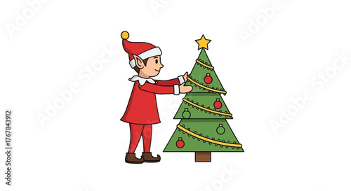 Cartoon Elf Decorating a Christmas Tree with Ornaments.