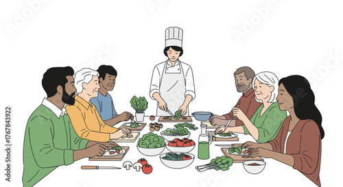 Female chef teaching a multicultural group how to prepare fresh vegetable salads at a communal table.