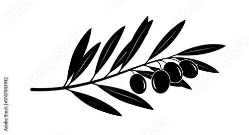 Silhouette of an olive branch with ripe olives and leaves.