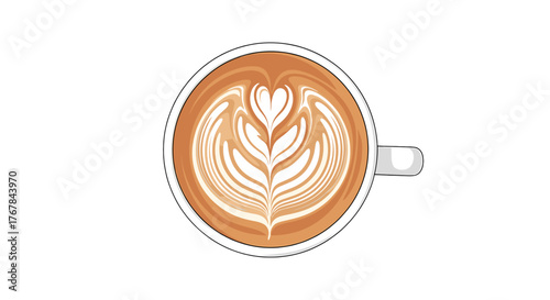 A cup of latte art shows a beautiful tulip design against a transparent background, inviting a moment of relaxation and indulgence. 