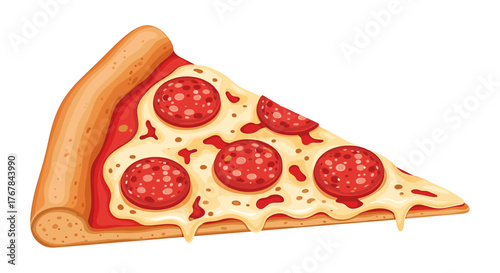 An isolated, cartoon-style slice of pepperoni pizza with melted cheese and a crispy crust on a transparent background.