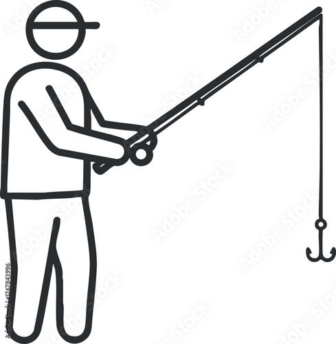 A person fishing with a rod and hook in a minimalist line art style.