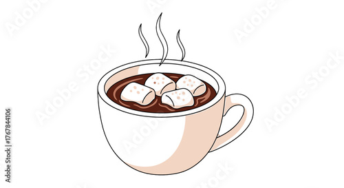 A cozy cup of hot chocolate is topped with fluffy marshmallows, perfect for warming up on a cold day, steaming and comforting.