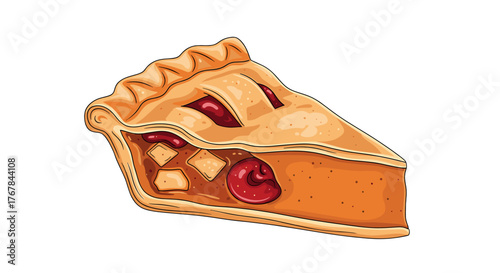 A delightful slice of pie, fresh out of the oven, featuring sweet cherries and golden crust is set against a transparent background.