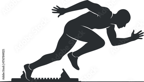 A silhouette of a male athlete starting a sprint from the blocks in a dynamic pose.