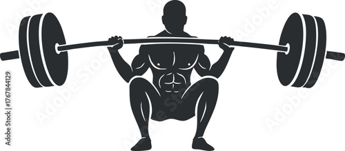 A silhouette of a muscular person performing a squat with a barbell in a gym setting.