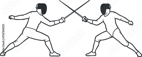 Two fencers engaging in a competitive duel with swords in a dynamic athletic setting