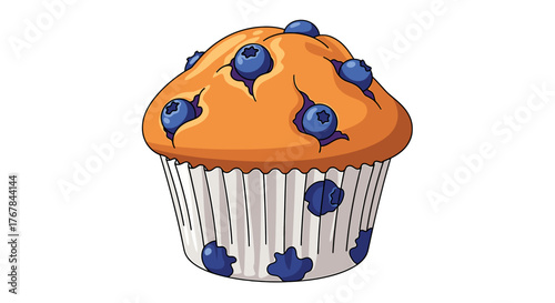 Delicious blueberry muffin in a white paper cup, great treat for breakfast or snack with juicy blueberries on top.