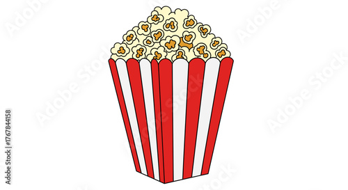 A delightful image of a red and white striped box overflowing with delicious, fluffy, golden-brown popcorn snack.