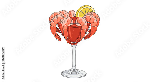 Delicious appetizer: A shrimp cocktail served in a tall martini glass with a lemon wedge for garnish. Enjoy!