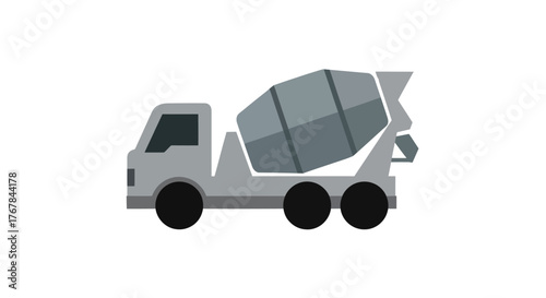 A simple flat design illustration of a grey concrete mixer truck from the side.