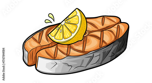 Grilled fish steak topped with a slice of lemon, perfect for a healthy and delicious meal. Ready to enjoy!